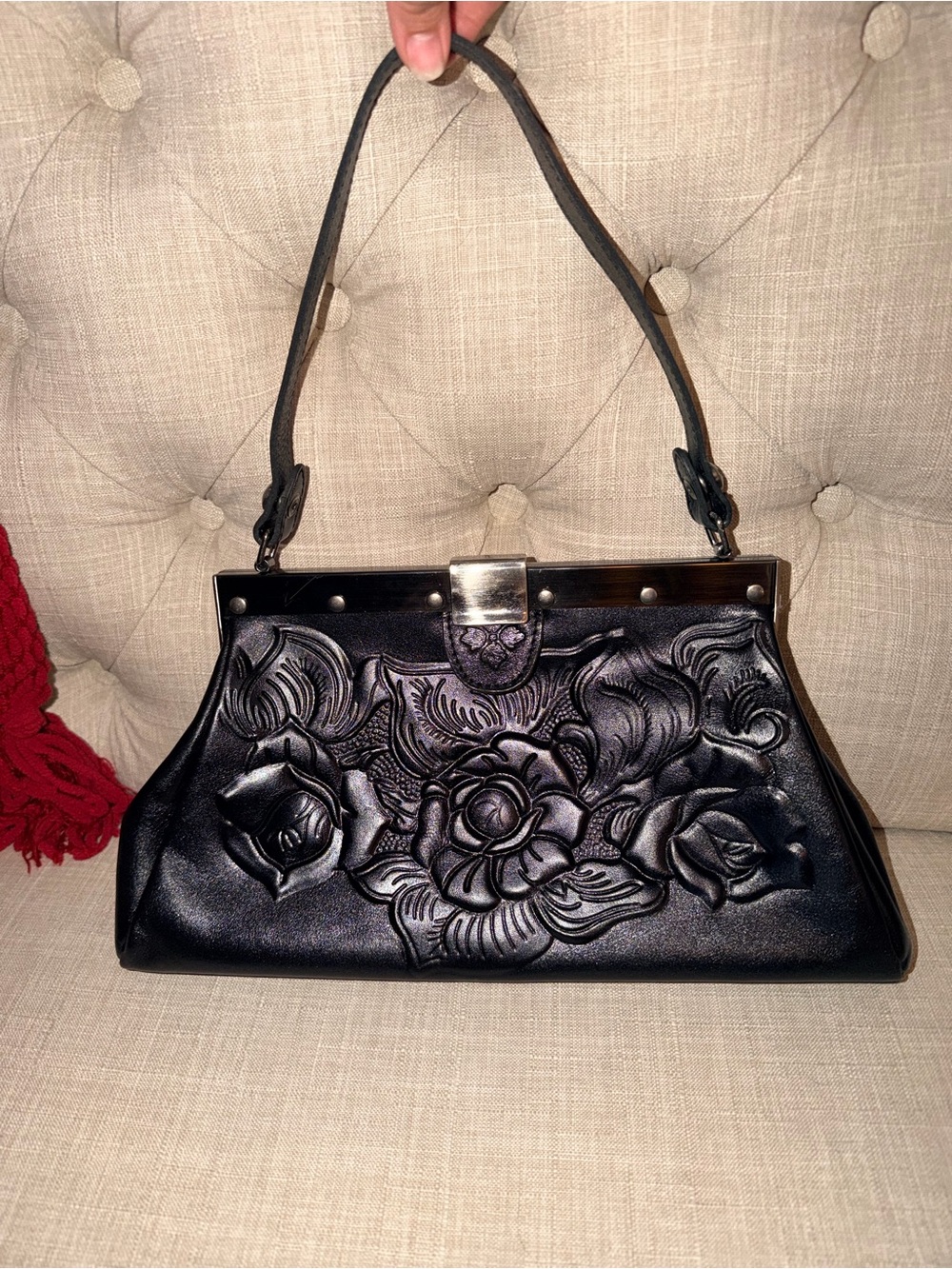 Patricia Nash Black Floral Embossed Leather Shoulder Bag